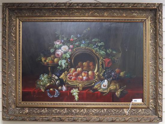 Thomas Alexander (20th century), oil on board, still life of flowers, fruit and game on a scarlet cloth, signed, 59.5 x 90cm